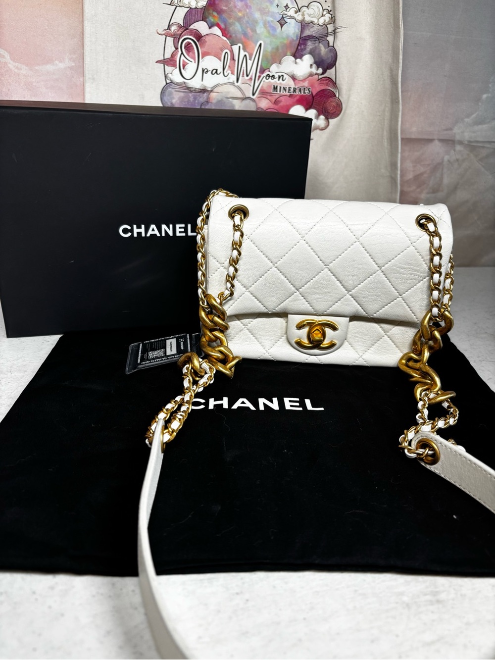 CHANEL White Quilted Leather Mini Flap Bag with Gold Chain Strap